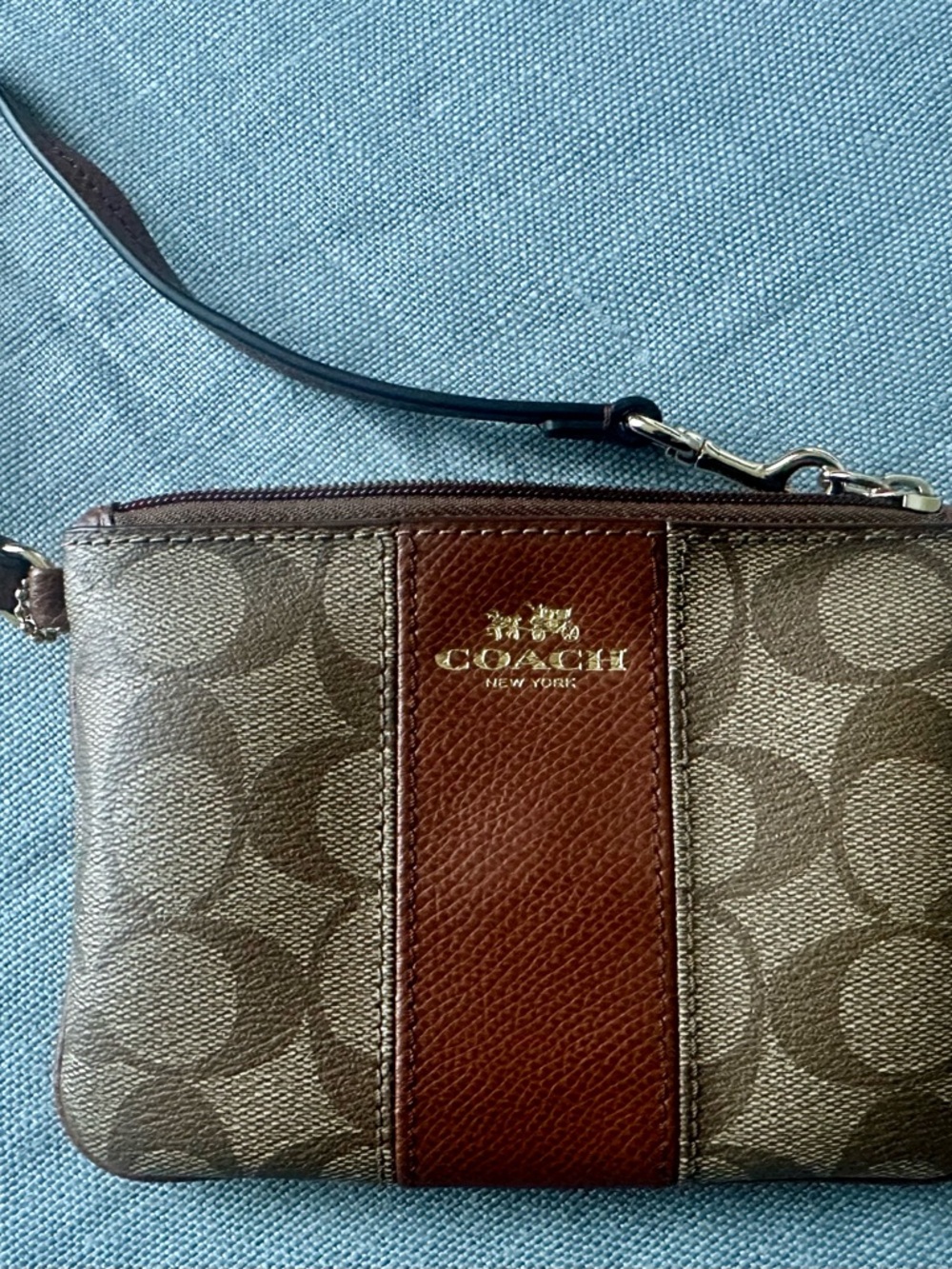 Coach Brown Signature Canvas Wristlet with Dark Brown Center Stripe